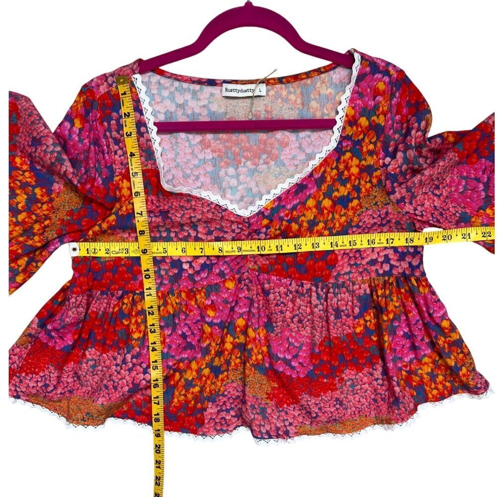Rusttydustty Pink Floral Boho Blouse Large Lace Trim Peasant Top - Picture 5 of 6